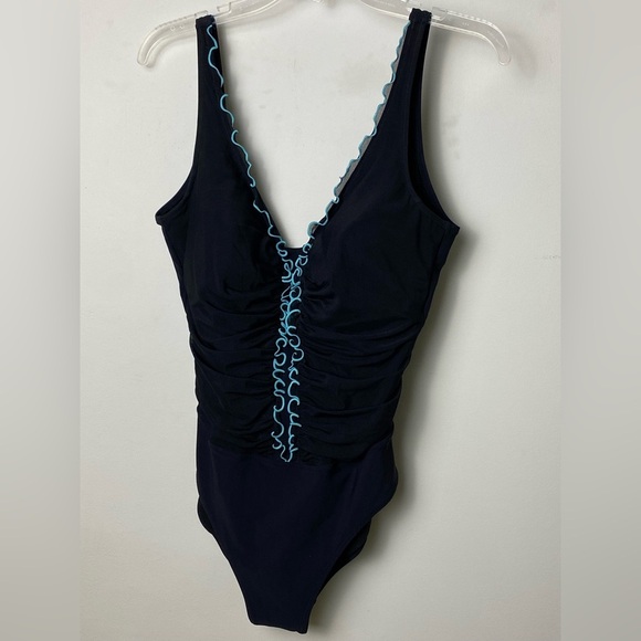 Black One-Piece Swimsuit with Blue Trim. Size 14 - Picture 1 of 8